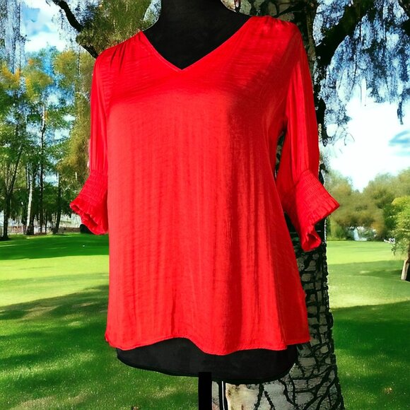 NWOT MAISON D' AMELIE Anthropologie ( S ) Red 3/4 Sleeve V-Neck Shirring - Picture 1 of 6